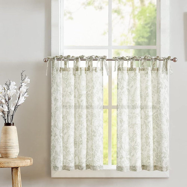 jinchan Linen Kitchen Curtains Floral Printed Tier Curtains 24 Inch Length Farmhouse Cafe Drapes for Small Windows Tie Top Botanic for Country Laundry Room Bathroom RV 2 Panels Sage Green on Beige