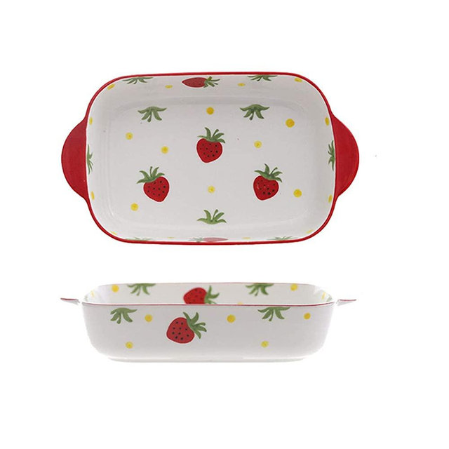 Bicuzat 8 x 5 Inch Ceramic Oven to Table Bakeware Dinner Plate, for Oven Roasting Lasagna Pan Cheese Baked Rice Bowl Baking Dish with Handle,Strawberry(Set of 2)