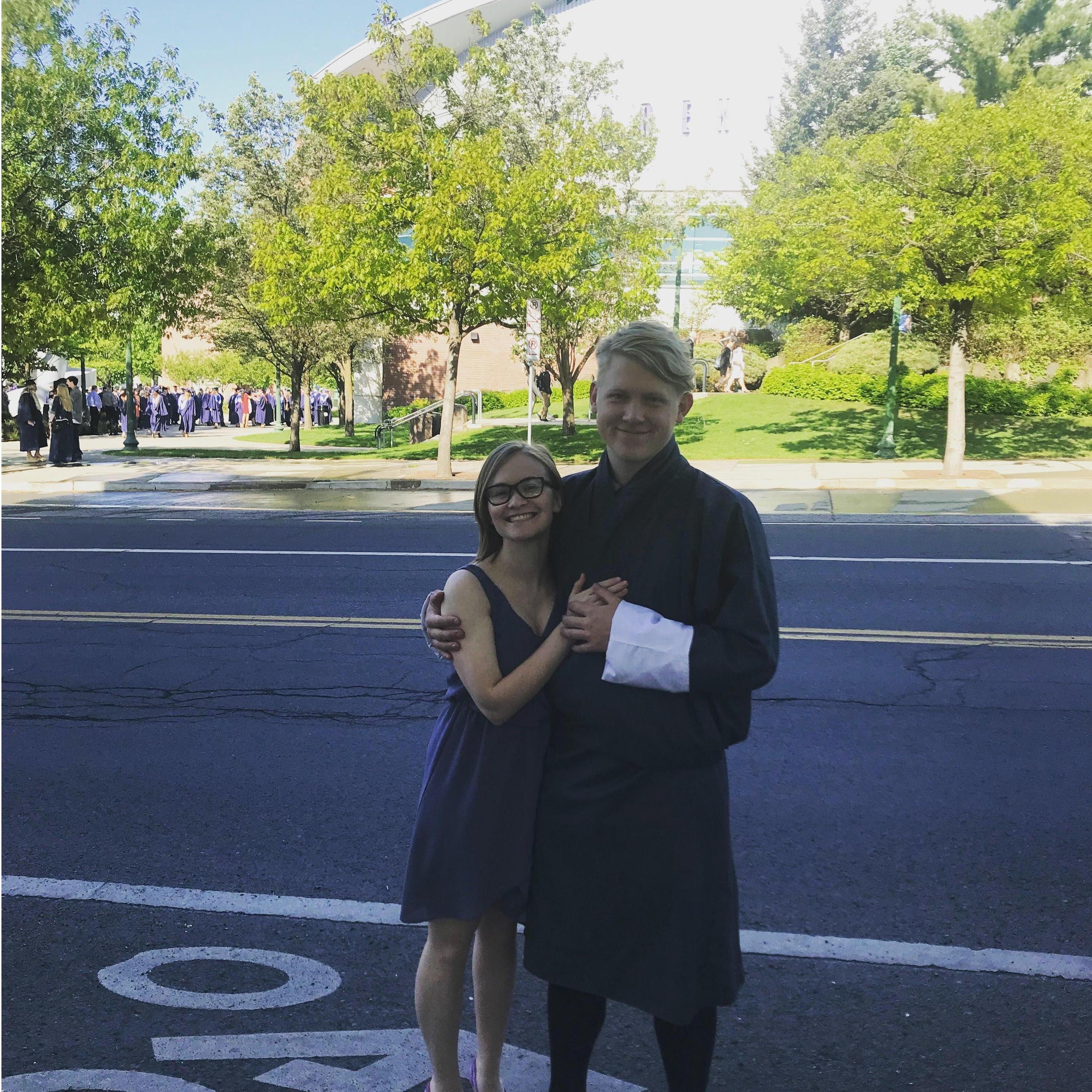 Bridger and Natalie at their graduation from Gonzaga University. This is the first photo of them together after they had been separated for five months when Bridger was in Bhutan studying abroad.