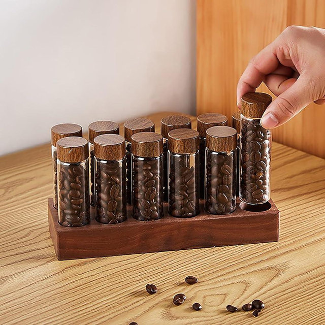 TREELF Coffee Bean Storage,Coffee Storage Container with Walnut Solid Wood Base,Coffee Bean Container,12 Tubes Single Dose with Wooden Holder(Type 1)