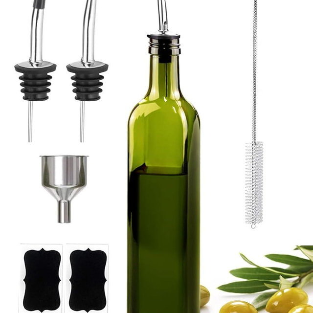 Leaflai Olive Oil Dispenser Bottle, 17oz Glass Olive Oil Dispenser and Vinegar Dispenser Set 500ml Green Glass Olive Oil Bottle Dispenser with Pourers,Funnel and Brush