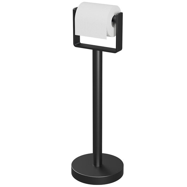 YUMORE Toilet Paper Holder Free Standing, Stainless Steel Toilet Paper Stand, Weighted Base Floor Tissue Roll Holder for Bathroom, Matte Black 200UP