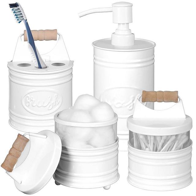 Autumn Alley Rustic Farmhouse White Bathroom Accessories Set (4 PCS) - Lotion Soap Dispenser, Toothbrush Holder, 2 Apothecary Jars (Qtip Holder) - Rustic Farmhouse Bathroom Decor