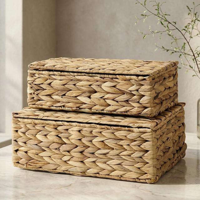ZICOTO Decorative Storage Boxes with Lids - Set of 2 Beautiful Wicker Organizer Bins for Your Bookshelf Home Decor - Safely Store Photos, Documents, and Memory Box Keepsakes in Stylish Rattan Design