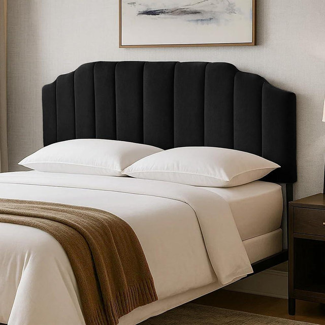 GARTMILAN Upholstered Headboard Adjustable Height Queen/King Headboard Cream Velvet Tufted Modern Vertical Channel Design with Stepped Silhouette Top Edge(Black Queen)