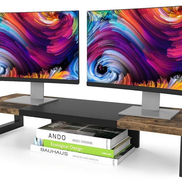WESTREE Dual Monitor Stand Riser, Wood and Steel Monitor Stand Riser, Computer Monitor Stand for 2 Monitors, Multi-Purpose Desktop Storage Stand for Computer,Laptop,Printer,TV
