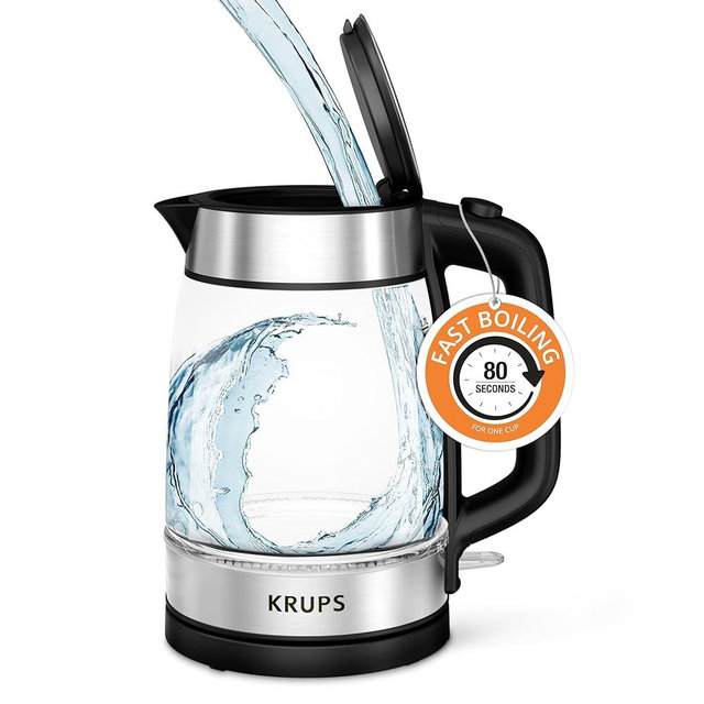 Krups Glass Electric Kettle 1.7 Liter LED Indicator, Anti Scale Filter, 1500 Watts, Fast Boiling, Auto Off, Keep Warm, Cordless