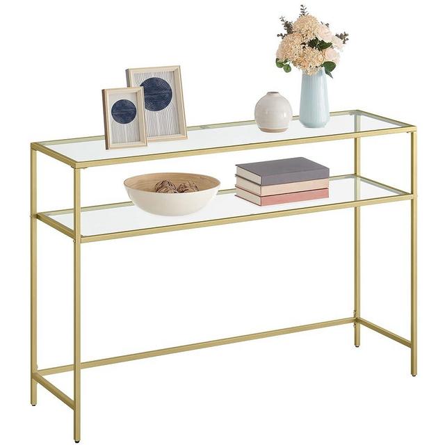 VASAGLE 47.2 Inch Console Sofa Table, Modern Entryway Table, Tempered Glass Table, Metal Frame, 2 Shelves, Adjustable Feet, for Living Room, Hallway, Gold Color ULGT045A61