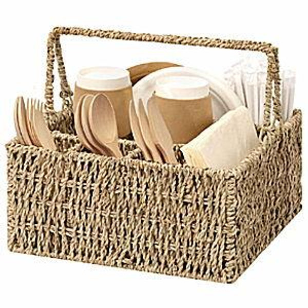 StorageWorks Wicker Silverware Organizer with Handle, Seagrass Kitchen Utensil Holder, Large Utensil Holder for Kitchen Counter, Spoon Forks Knife Cutlery Caddy, Paper Plate Dispenser for Countertop