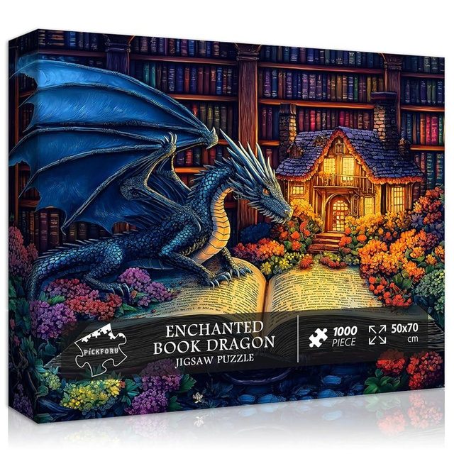 Dragon Puzzles for Adults 1000 Pieces, Magic Dinosaur Library Book Nature Garden Flower Themed, Fantasy Animal Wildflower Challenge Jigsaw Puzzle