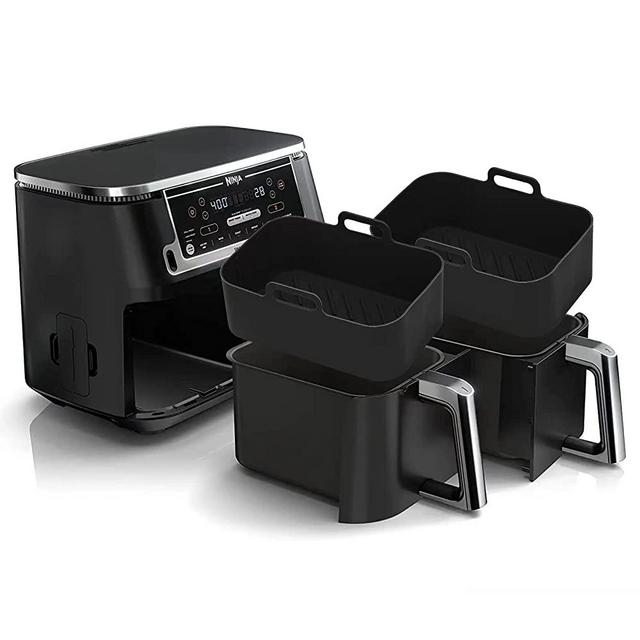 2Pcs Air Fryer Silicone Pot Rectangular for Ninja Foodi Dual DZ201 8QT, MMH Reusable Silicone Airfryer Liner Replacement Baking Tray Basket Insert | Non-stick | Easy Cleaning | Food Safe | Black