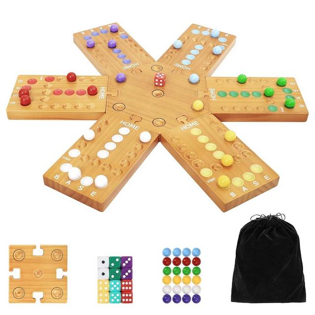 plusvivo Marble Board Game, Wooden Board Game for 4 and 6 Players, Portable Original Marble Game with 24 Marbles 12 Dice for Family Friends Party Game Night