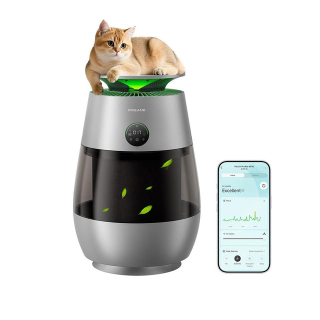 ‌Dreame Pet Air Purifier AP10 for Home Large Room, Cleans 5,386 ft² in One Hour, Smart Air Cleaner with 360° Visual Collection of Cat Hair, 3 Filters for Odor Purification, ‌Pet-Friendly Design, Grey