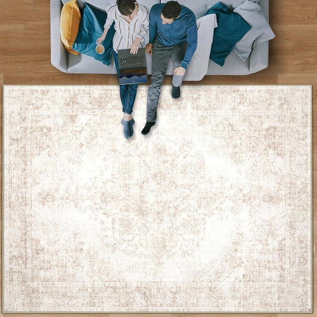 Area Rug 9x12 Vintage Rug: Large Washable Indoor Medallion Rugs Low Pile Distressed Floor Carpet Retro Accent Rug for Living Room Bedroom Kitchen Dining Table Home Office(Retro Beige, 9'x12')