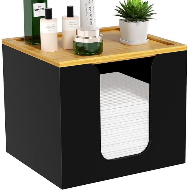 VITVITI Disposable Face Towel Holder Box, Acrylic Facial Towel Container for XL Clean Skin Club, Large Disposable Face Towel Storage with Bamboo Lid, for Bathroom, Vanity Makeup, Black