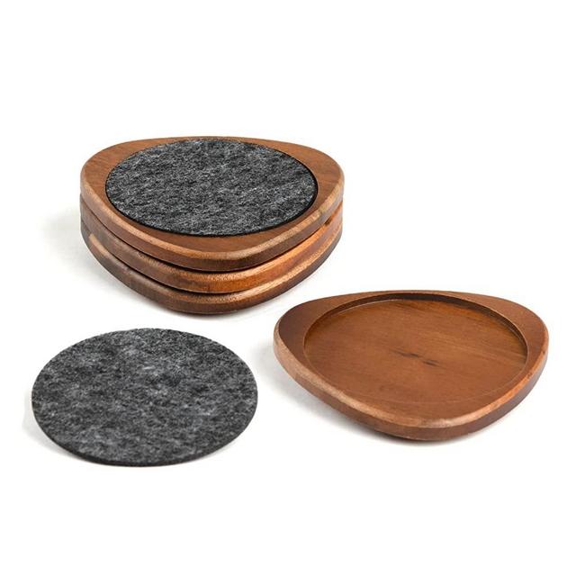 Roonin Wooden Coasters with Absorbent Felt | Wood Coasters for Drinks | Acacia Desk Coaster | Modern Bar Office Decor (Walnut Color, 4 inch, Set of 4)