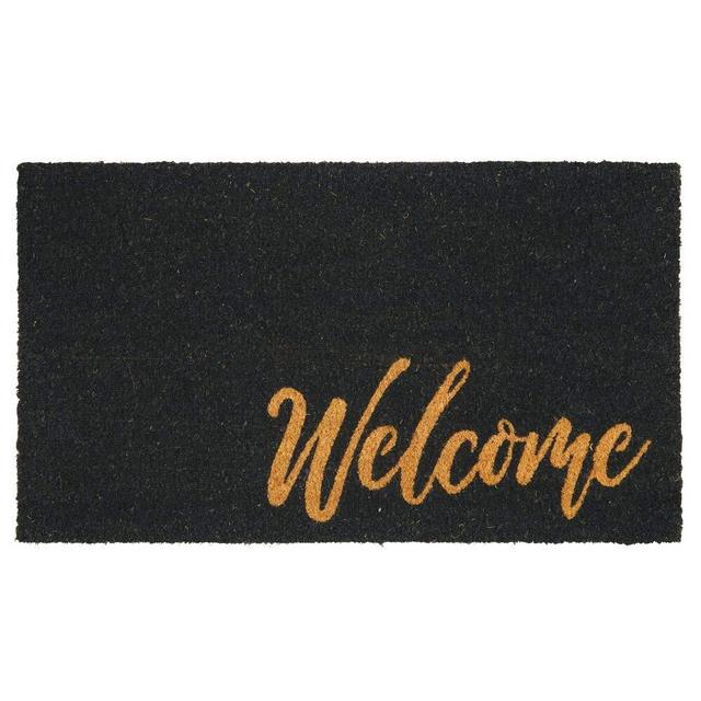 mDesign Rectangular Coir and Rubber Entryway Welcome Doormat with Natural Fibers for Indoor or Outdoor Use - Decorative Script Welcome Design - Black/Natural