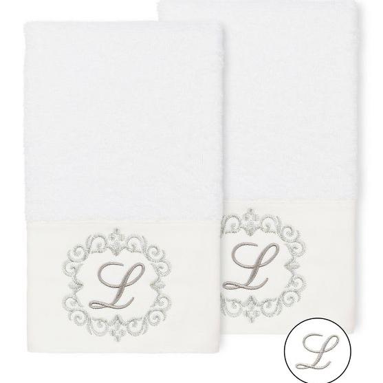 Set of 2 Monogrammed Towels - Linum Home Textiles (Color: White, Monogram: L)