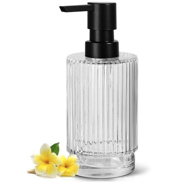 VIMERPA Glass Soap Dispenser with Pump, 11 fl oz Clear Hand Soap Dispensers for Bathroom, Ribbed Style Dish Soap Dispenser for Kitchen, Modern Refillable Liquid Soap Pump Bottle