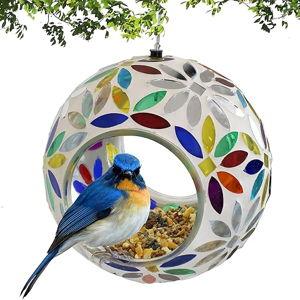 Sunnydaze 6-Inch Glass Mosaic Hanging Bird Feeder for Outdoors - Fly-Through Wild Bird Feeder - Rainbow Daisies