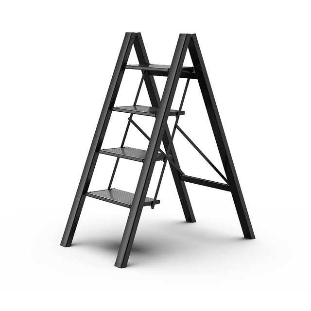 GameGem 4 Step Ladder, Folding Step Stool with Anti-Slip Wide Pedal | Lightweight, Aluminum Material, 330LBS Load, Portable, Easy Storage, Space Saving, for Kitchen, Bedroom Use, Black