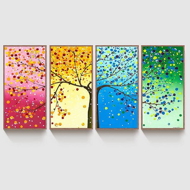 FULL HOUSE Canvas Wall Art 4 Seasons Colorful Trees Framed Canvas Prints Aesthetic Wall Paintings for Living Room Bedroom Office Home Decor, 4 Panels