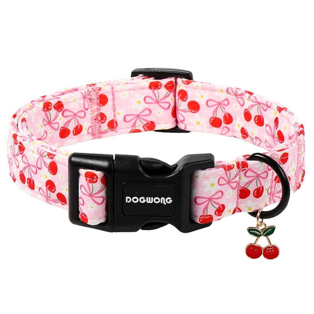 DOGWONG Pink Dog Collar- Cute Cherry Flower Dog Collars Adjustable Girl Female Dog Collar for Medium Large Dogs, L