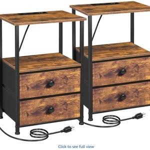 LOAKEKEL Night Stand Set 2, Nightstand with Charging Station, End Tables with Storage Shelf for Small Spaces, Bedside Table Side Tables with 2 Fabric Drawers for Bedroom, Rustic Brown, HETS020PBR