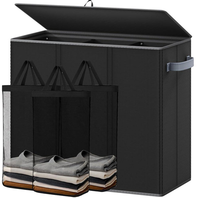 Optish 180L Laundry Hamper 3 Section, Large Laundry Hamper with Lid, Dirty Clothes Hampers with Handles, Laundry Basket Organizer for Laundry, Bedroom, Bathroom, Laundry Sorter Baskets, Black