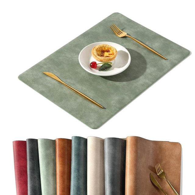 Univo Colors Washed Cowhide Pattern PU Leather Placemats Set of 4 Heat Resistant Kitchen Table Mats, Waterproof Wipeable for Party Decoration(Green)