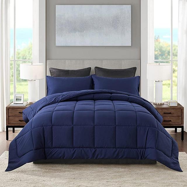 DOWNCOOL All Seasons Bedding Comforters & Sets with 2 Pillow Cases -3 Pieces Bed Set Queen Down Alternative Comforter Set -Blue Bedding Comforter Sets Queen (88x90 inches)