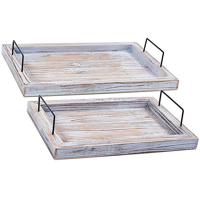 Rose Home Fashion RHF Serving Trays,Vintage Serving Tray,Rustic Wood Trays,Rectangular Tray Set,Nesting Serving Tray,Butler Lap Trays with Metal Handles,Rustic Ottoman Tray, Set of 2