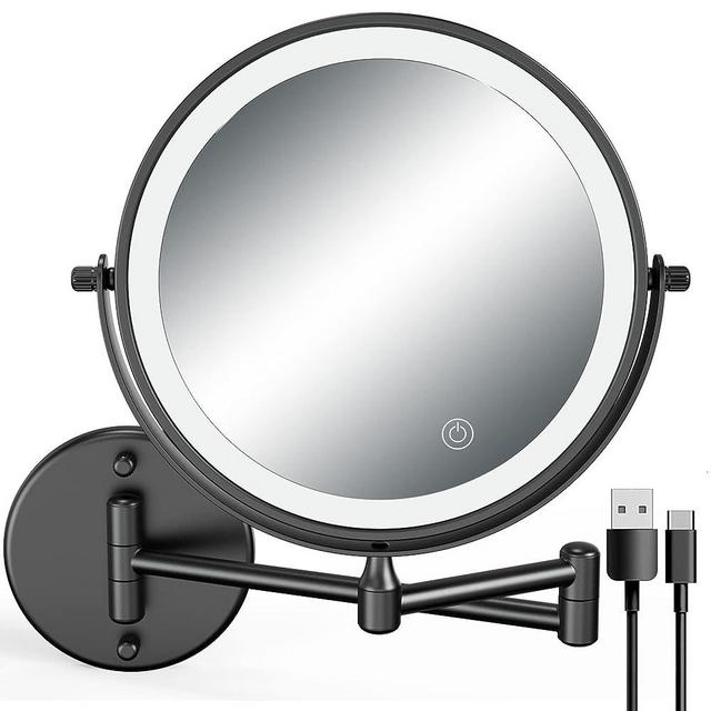SanaWell Rechargeable Lighted Wall Mounted Makeup Mirror, Double Sided 1X/3X Magnifying Mirror, 3 Lighting Option Dimmable, Extension Foldable Arm, 8inch Wall Mounted Mirror for Bathroom (Matte Black)
