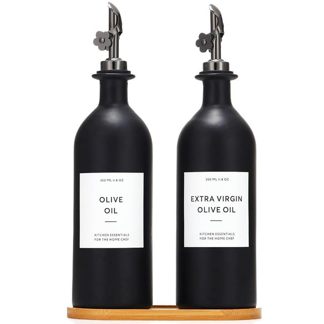 HOMCDALY Olive Oil Dispenser for Kitchen, Glass Olive Oil Dispenser Bottle, Black Oil and Vinegar Dispenser Set, Kitchen Oil Dispenser with Bamboo Tray, Oil Cruet| Set of 2 (16oz – Black)