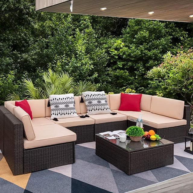 Devoko 7 Pieces Outdoor Sectional Sofa Patio Furniture Sets Manual Weaving Wicker Rattan Patio Conversation Sets with Cushion and Glass Table (Beige)