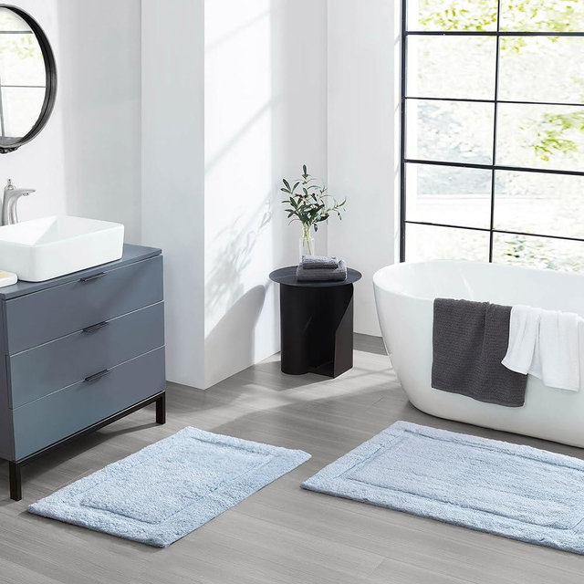 Jean Pierre New York Lydia Border 100% Cotton Bath Mat 2-Piece Set - Non-Slip Bath Rug - Light Blue - 17"x24" & 20" x 32"