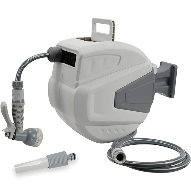 Ayleid Retractable Garden Hose Reel,3/8 in x 66 ft Wall Mounted Hose Reel, with 9- Function Sprayer Nozzle, Any Length Lock/Slow Return System/Wall Mounted/180°Swivel Bracket (Grey)