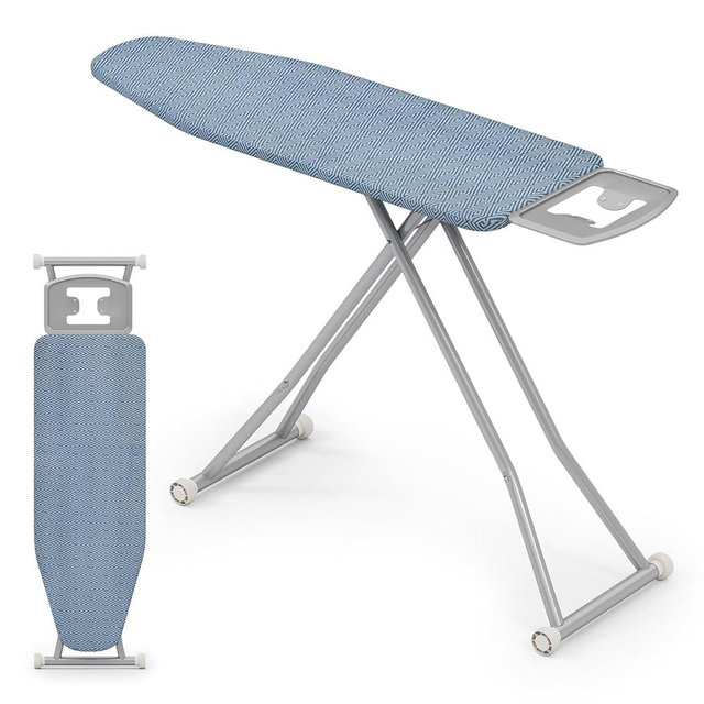 Giantex Ironing Board with Iron Rest, 57'' x 16.5'' Carbon Steel Iron Board with 4 Layer Heat Resistant Cover and Pad, 7 Adjustable Heights, Non-Slip Legs, Folding Heavy Duty Ironing Boards, Blue