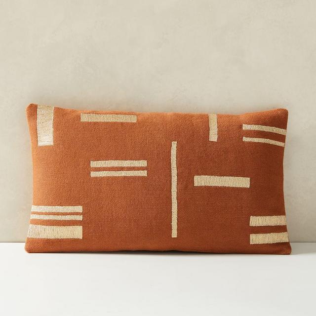 Embroidered Metallic Blocks Pillow Cover, 12"x21", Copper Rust