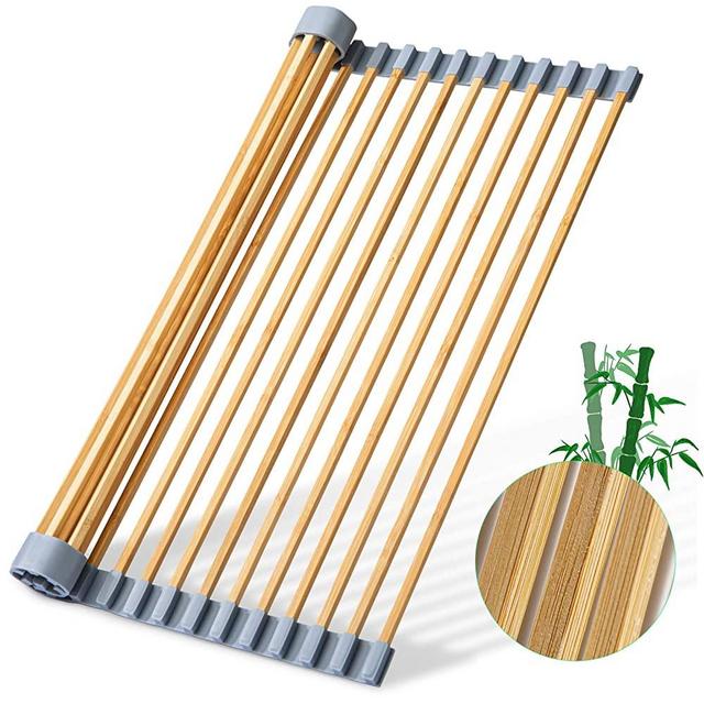 Freshmage Roll up Dish Drying Rack, Bamboo Foldable Dish Drying Rack Over The Sink Dish Drying Rack Kitchen Gadgets for Air-Drying Fruits, Vegetables, Bowls, Pot (17.5 × 13.5 inches)
