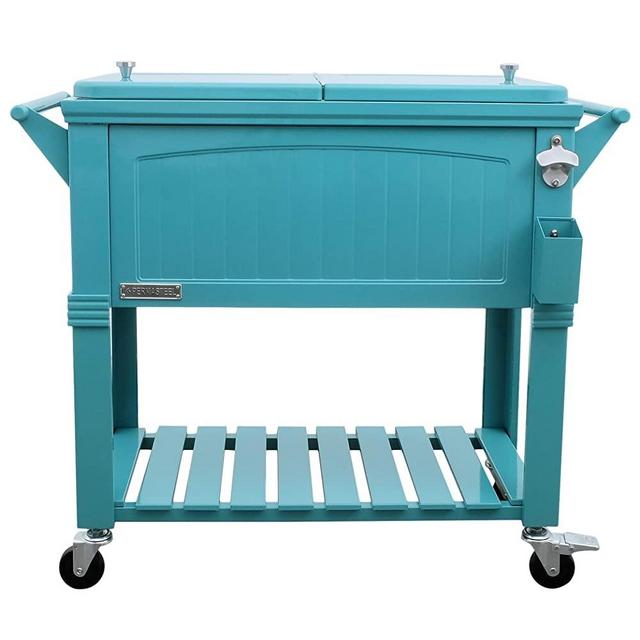 Permasteel 80-Qt Patio Cooler for Outside | Outdoor Beverage Cooler Bar Cart, PS-A203 F1-TL, Rolling Cooler with Wheels and Handles, Wooden Teak Accent, Teal