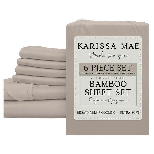 KARISSA MAE 6 Piece Pure Viscose from Bamboo King Size Sheet Set | 100% FSC Certified | Luxuriously Soft | Cooling | 18" Deep Pocket w/Corner Straps | 4 Pillowcases [Dune]
