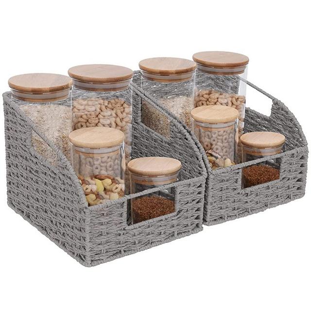 StorageWorks Round Paper Rope Storage Baskets with Built-in Handles, Hand Woven Baskets for Organizing, Gray, 8.5” x 9.8” x 7.5”, 2-Pack