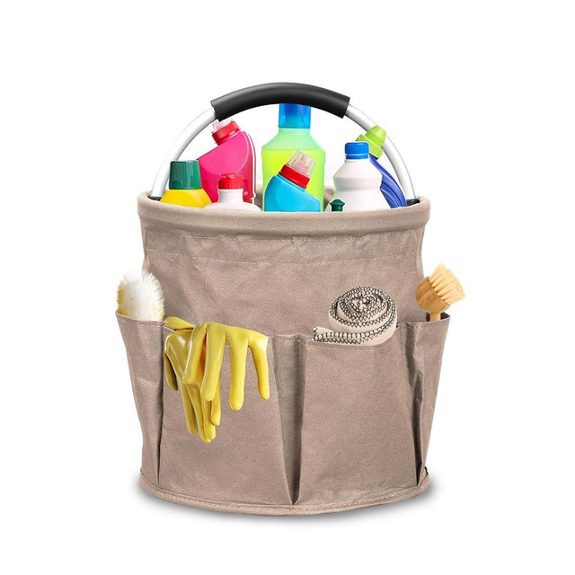 Qivine 17L Cleaning Caddy with Handle, Cleaning Supply Caddy Foldable Cleaning Caddy Cleaning Products Organizers Portable Cleaning Bucket Organiser for Storing Towels (Khaki)