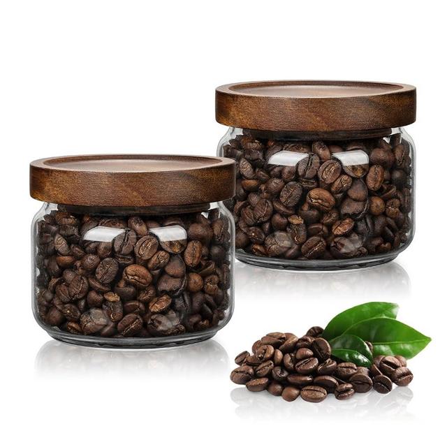 piconesper 2PCS Small Glass Storage Jars with Airtight Lids, 11 fl oz (300ml) coffee container with Wooden Lid, Glass Pantry Canister for Beans, Rice, Sugar and etc