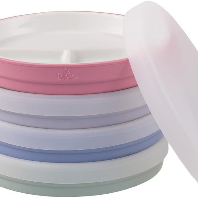 Elk and Friends Kids 7.8” Porcelain Divided Plates with Silicone Sleeves + Lids | Suitable for Babies/Kids/Toddlers | Microwave & Dishwasher Safe | Non Slip | Snack Dishes