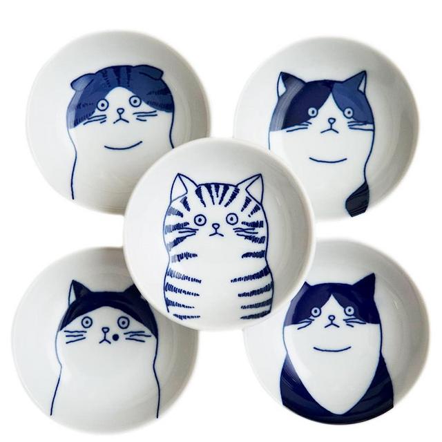 LOVE LOVE JAPAN Japanese Cat Ceramic Small Plates - Set of 5 - Great Gift for Cat Lovers, 5 Cats 3.5in