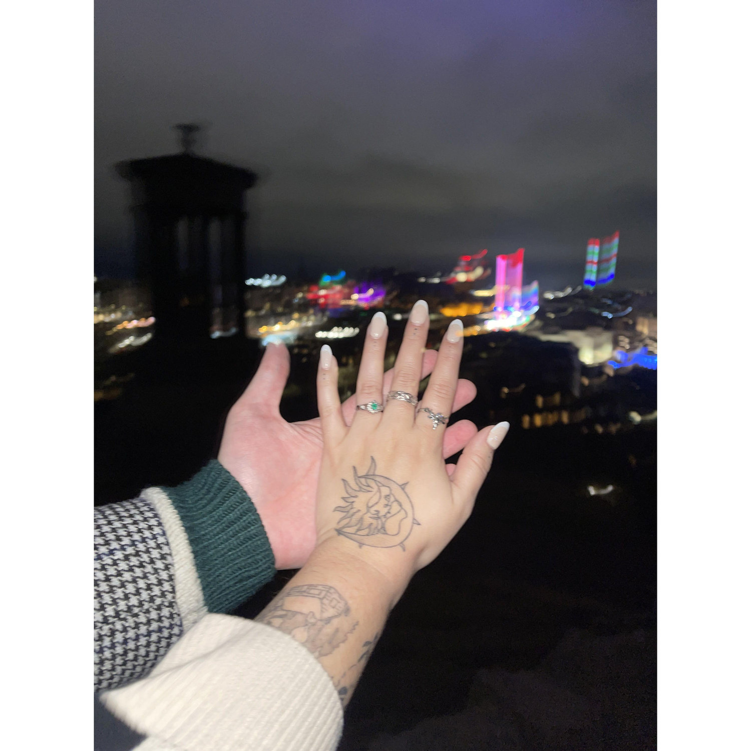 Immediately after we got engaged, and right before a spontaneous fireworks display, just after we both separately nearly got blown off the top of Calton Hill and carried to Fife