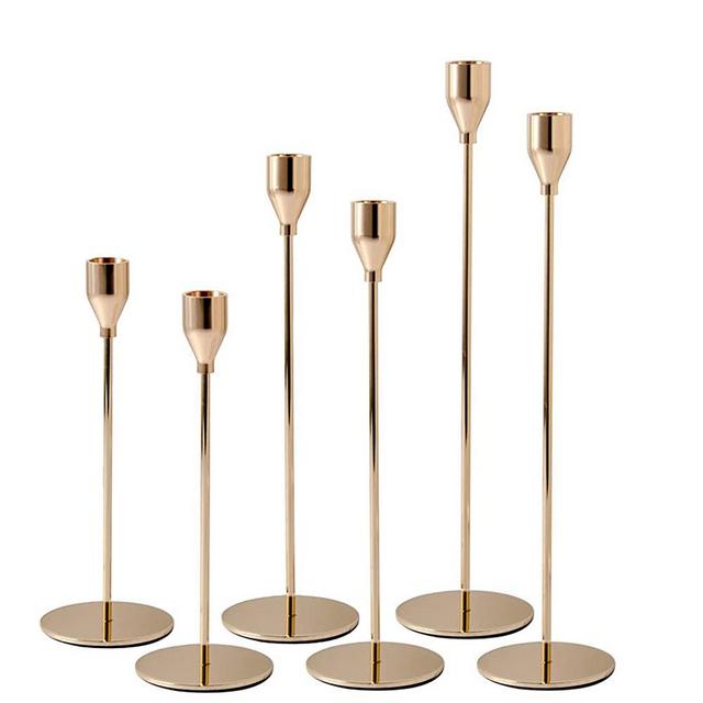 Set of 6 Tall French Gold Candlestick Holders fit 3/4 inch Thick Taper Candles, Elegant Decoration for Dining, Date, Party, Church, Festival, Decorative Fitting.