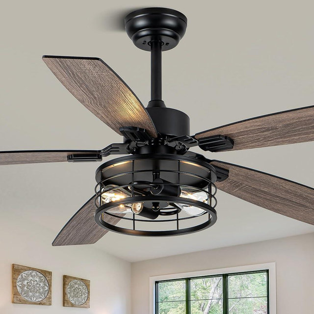 52" Ceiling Fans with Lights, Modern Farmhouse Caged Ceiling Fan with Light and Remote, Reversible Motor, 5 Double Finish Wood Blades, Chandelier Rustic Ceiling Fan for Living Rooms, Bedroom